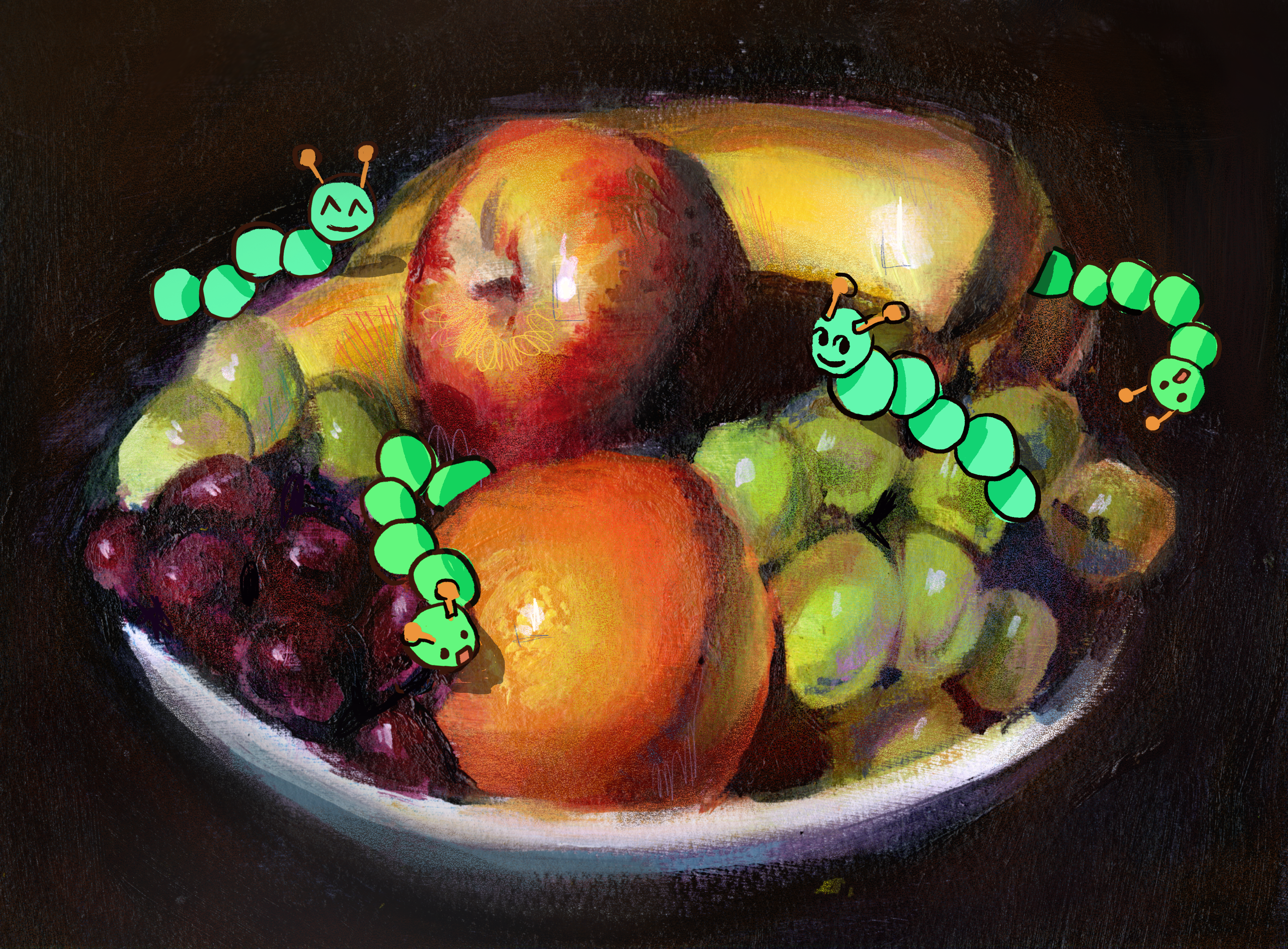 cartoon caterpillars on still life